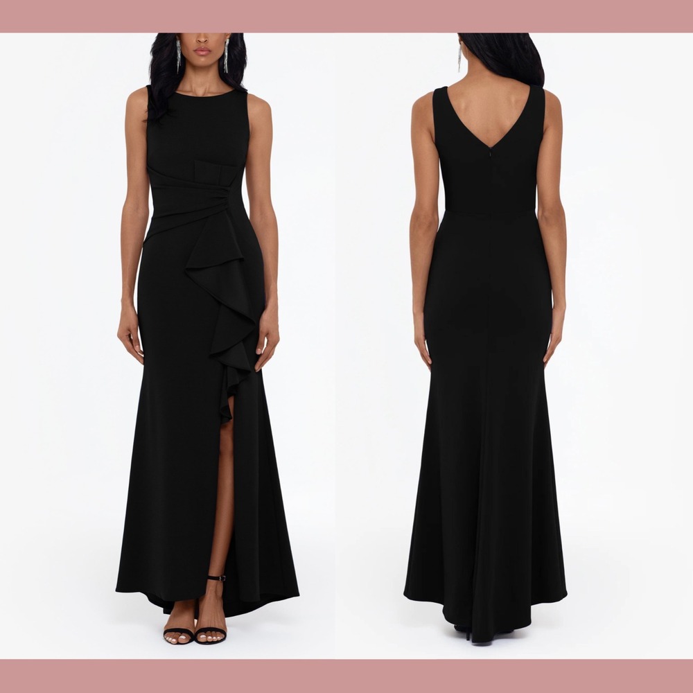 NWT $219 Betsy & Adam [‎ 10 ] Christine Scuba Crepe Ruffled Bow Gown Black Q1289